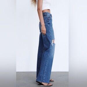 Zara Wide-Leg Flared Blue Distressed Jeans